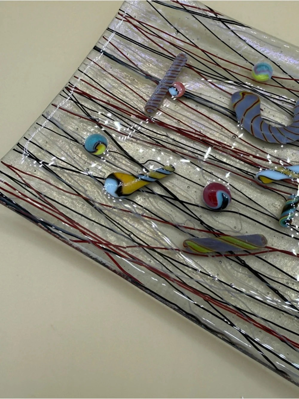 Iridescent Multicolor Confetti Kurt McVay Fused Art Glass Plate 8.5” x 5.5”